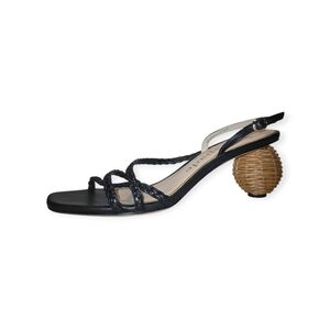 Kate Spade NEW YORK Sz 6.5 Valencia Sandals Black Leather Spherical Raffia Heel